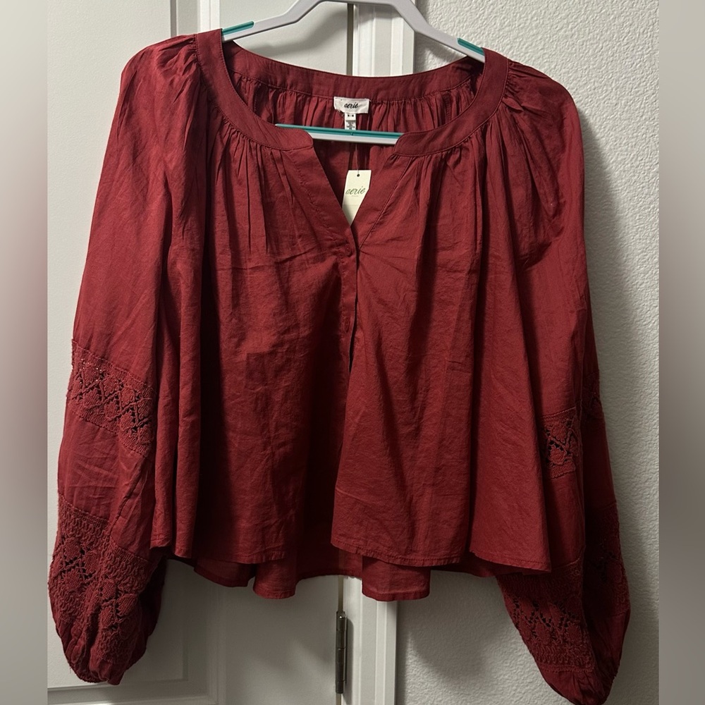 Cotton Aerie Deep Red Blouse with Embroidered Sleeves